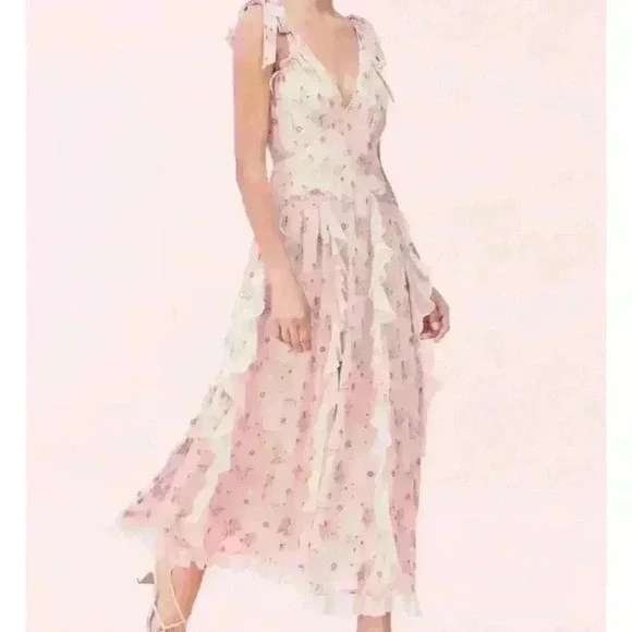 Rebecca Taylor Leander floral metallic clip midi dress in pink silk - Picture 3 of 13